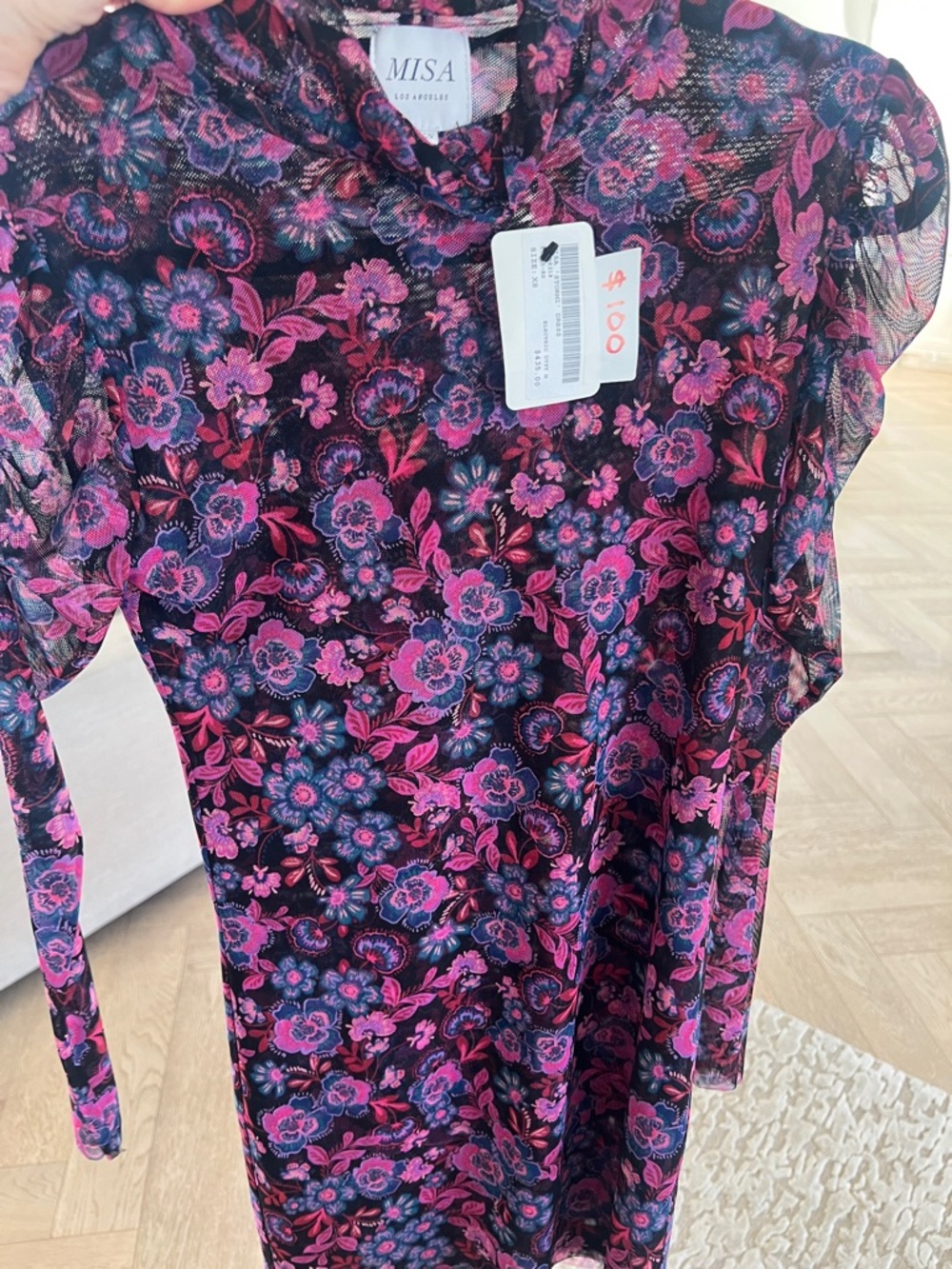 Misa Los Angeles Pink & Navy Floral Sheer Long-Sleeve Dress